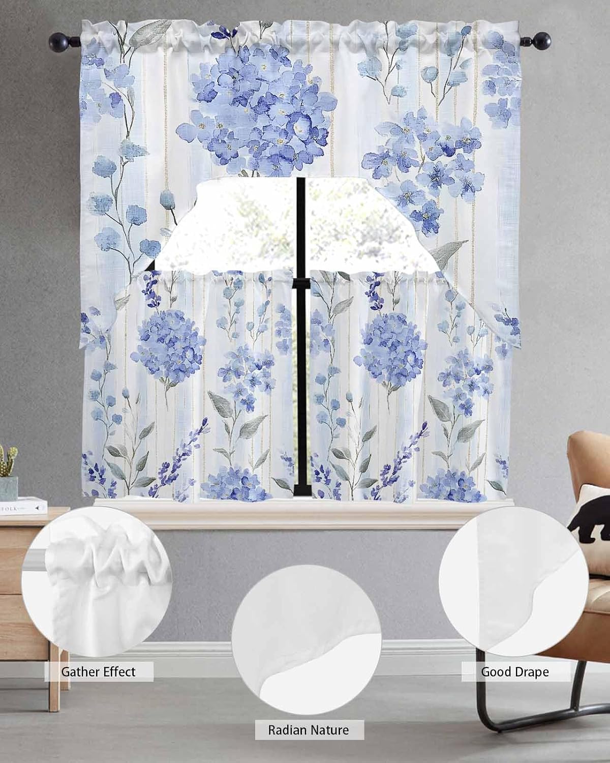 Hydrangea Leaves Kitchen Curtains Sets for Windows 3 Piece, Blue Striped Botanical Floral Kitchen Curtains and Valances Tier Set 36 Inch Length Swag Curtain for Living Room Cafe Bathroom Bedroom
