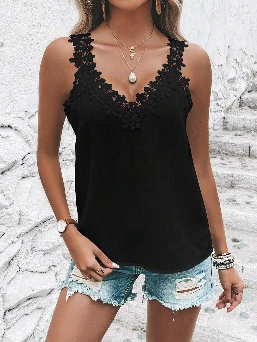 Guipure Lace Panel Tank Top Women Summer Tops Casual Country V Neck Tee Shirts Sleeveless Fashion Loose Blouse - Image 4