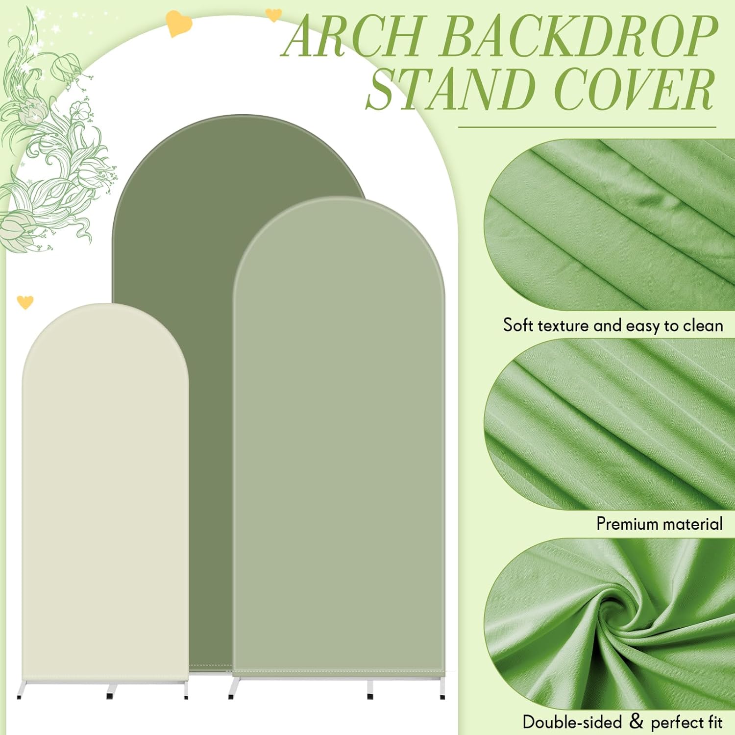 VitalCozy Set of 3 Wedding Arch Cover 4/5/6 ft Fabric Arch Backdrop Cover Double Sided Fitted Spandex for Baby Shower Birthday Party Decoration, Frame Not Included(Green Series)