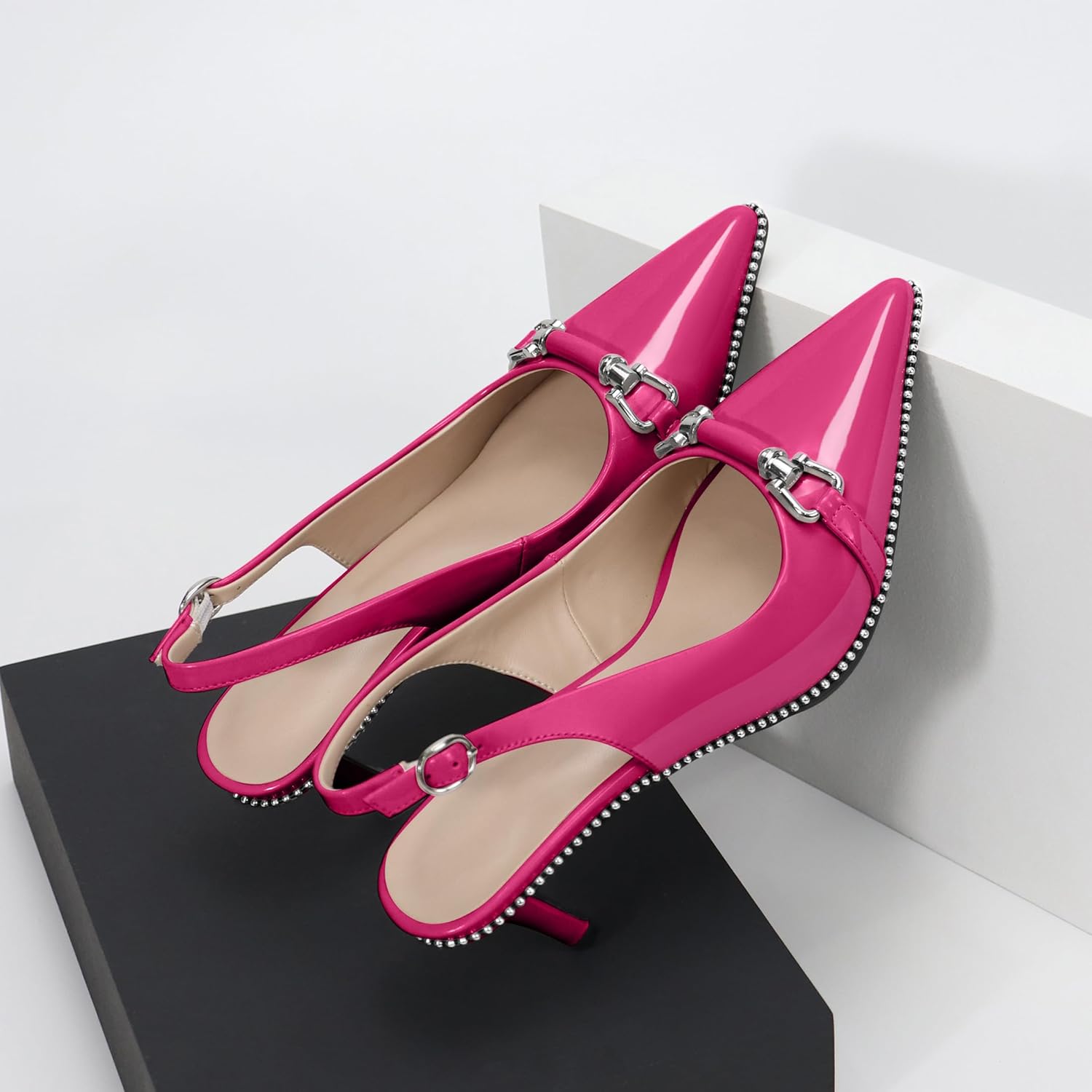 YODEKS Slingback Kitten Heels Women's Pointed Toe Low Heel Pumps 2.5 Inch Beaded Metal Buckle Shoes US Size 5-13