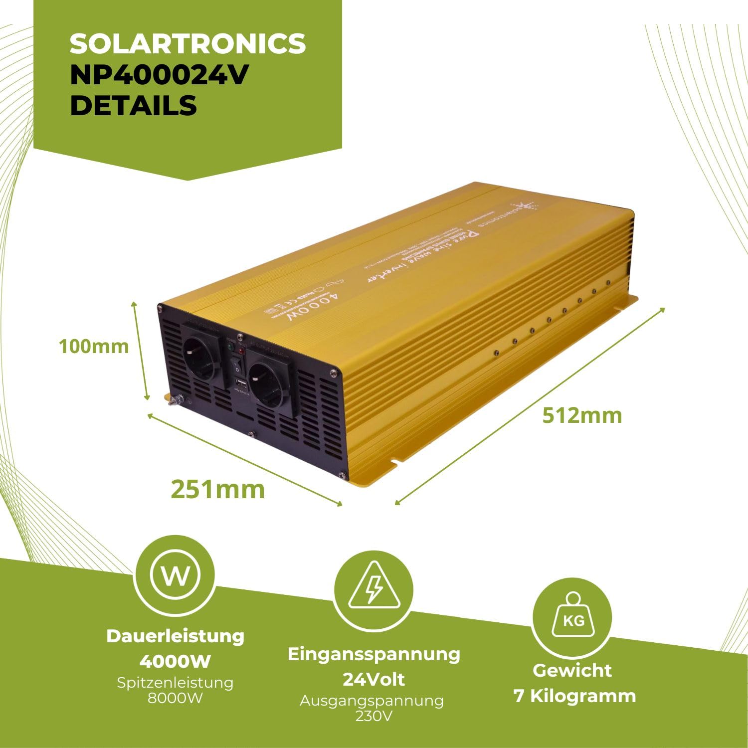 solartronics Transformateur de Tension 24V 4000/8000 Watt Sinusoïdale Pure Or Edition Nf Série Onduleur Onduleur