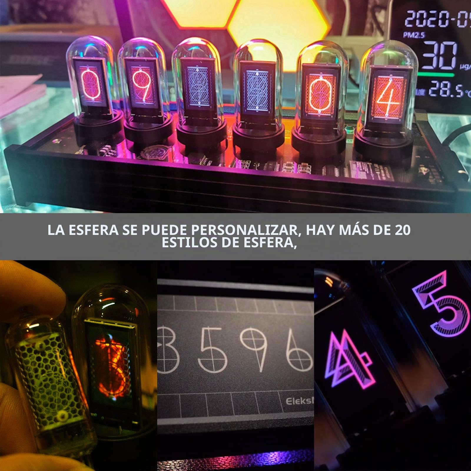 TWSOUL Reloj led Nixie, de tubos, digital, 20 modos, para montar en casa, pantalla de fotos personalizable, retro, vintage, con cable USB, regalo creativo