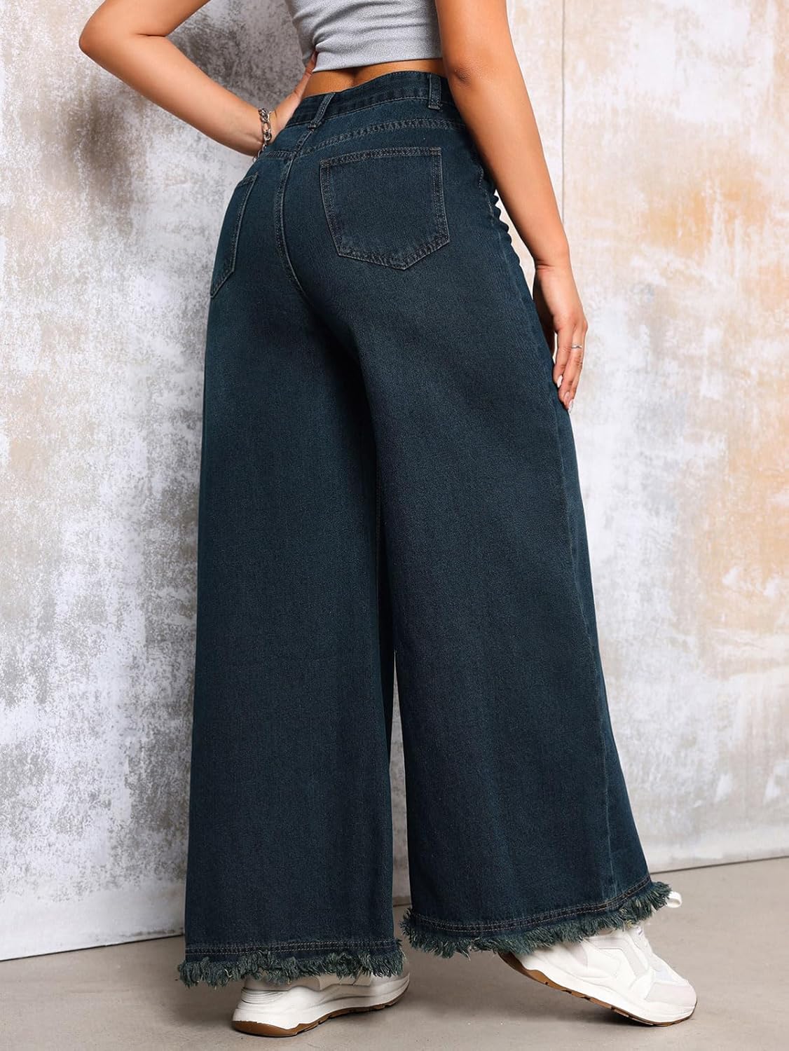 CHARTOU Baggy Wide Leg Jeans Woman Mid Rise Frayed Flare Jeans Boyfriend Stretchy Denim Pants