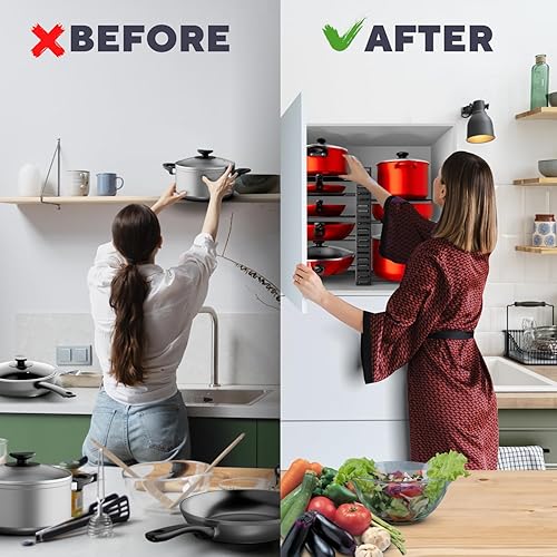 Miniatura 6 de Organizador de ollas y sartenes debajo del gabinete, organizador de sartenes ajustable de 8 niveles para gabinete, organizador de ollas y sartenes