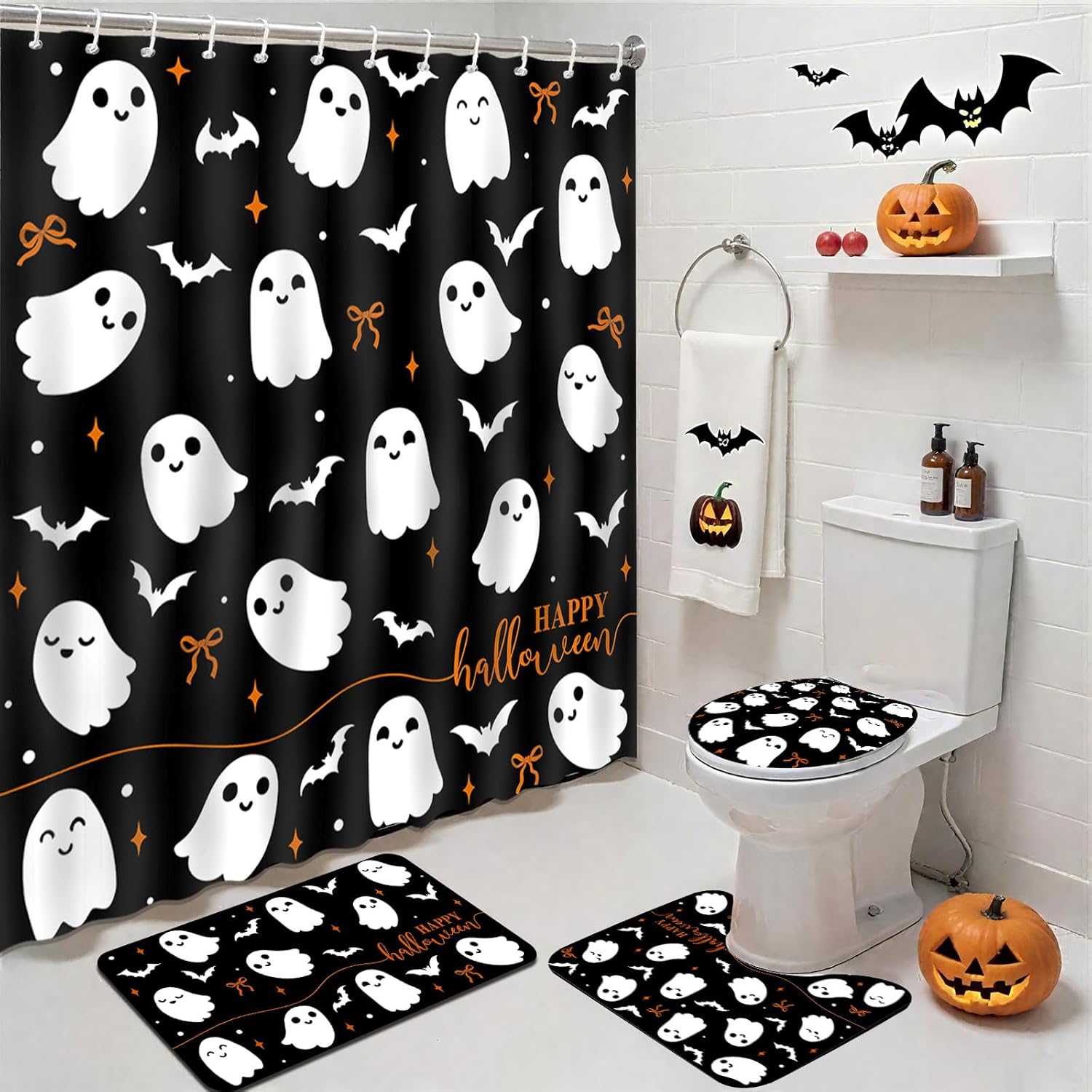 4Pcs Halloween Shower Curtain Set Black Spooky Bow Ghost Shower Curtain Set for Halloween Bathroom Decor with Anti-Slip Waterproof Bathtub Bathroom Rugs Toilet Lid Cover