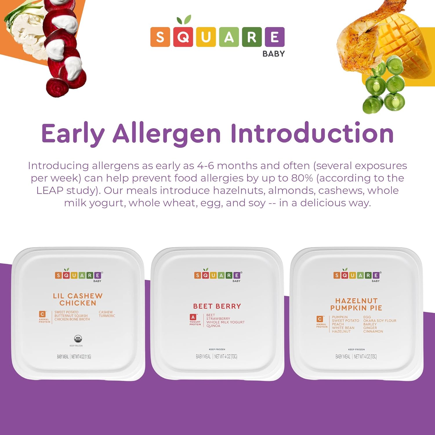 Square Baby Organic Baby Food Purees | 14 Meal Allergen Introduction Pack | Fresh & Dietitian-Designed Balanced Meals | Low Sugar. No Added Sugar | Allergen Intro Options (14 Pack, 4 oz)