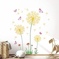 Vista 11 de Juego de 2 calcomanías de pared de flores silvestres de diente de león, calcomanías de arte para pared, diseño de mariposas florales, decoración