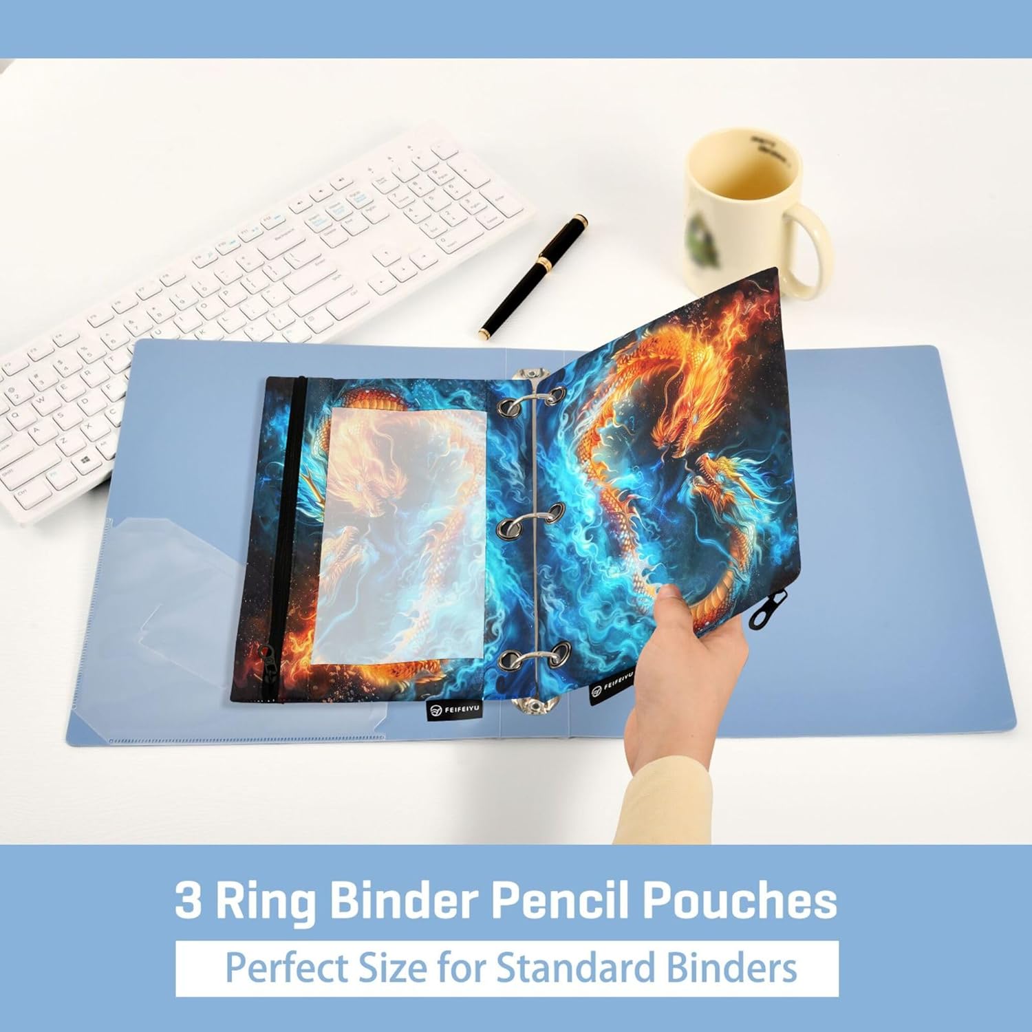 Red Fire Blue Ice Dragon バインダーポーチ 3リング 男の子 女の子 学校 オフィス カレッジ用品 恐竜 レ