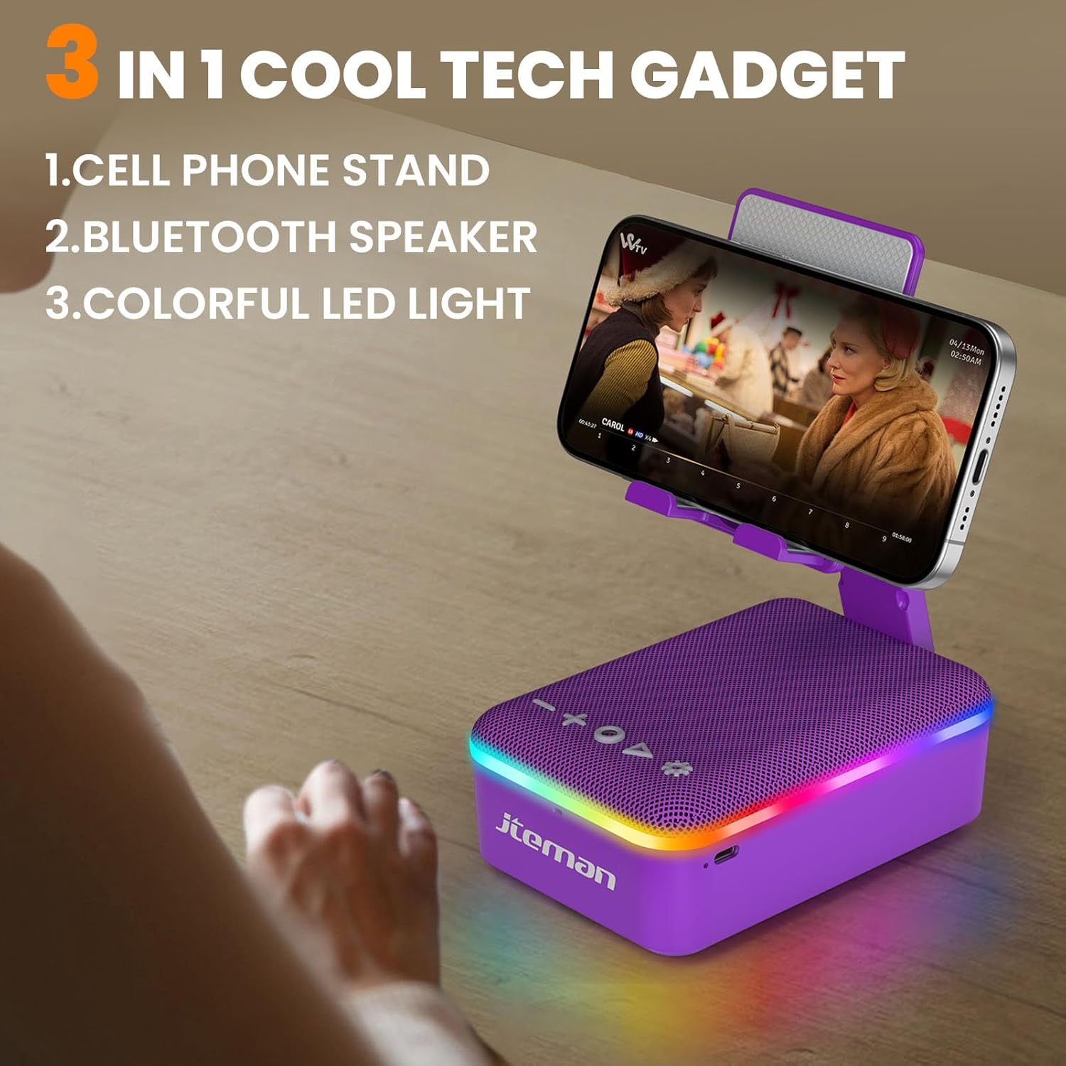 JTEMAN Gifts for Men Women,Cell Phone Stand with Bluetooth Speaker,LED Light,and Lanyard,Cool Tech Gadgets,Unique Birthday Gifts for Men Husband Mom Dad-Purple