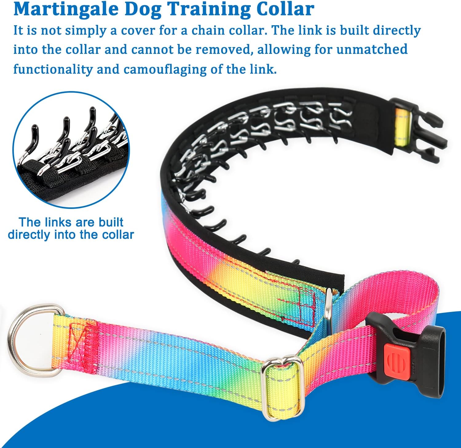 Mayerzon Martingale Prong Collar for Dogs, Patented No Pull Pinch Collar with American Flag and Buckle for Small Medium Large Dogs Training Walking Hunting, Adjustable and Heavy Duty(XL, Rainbow)