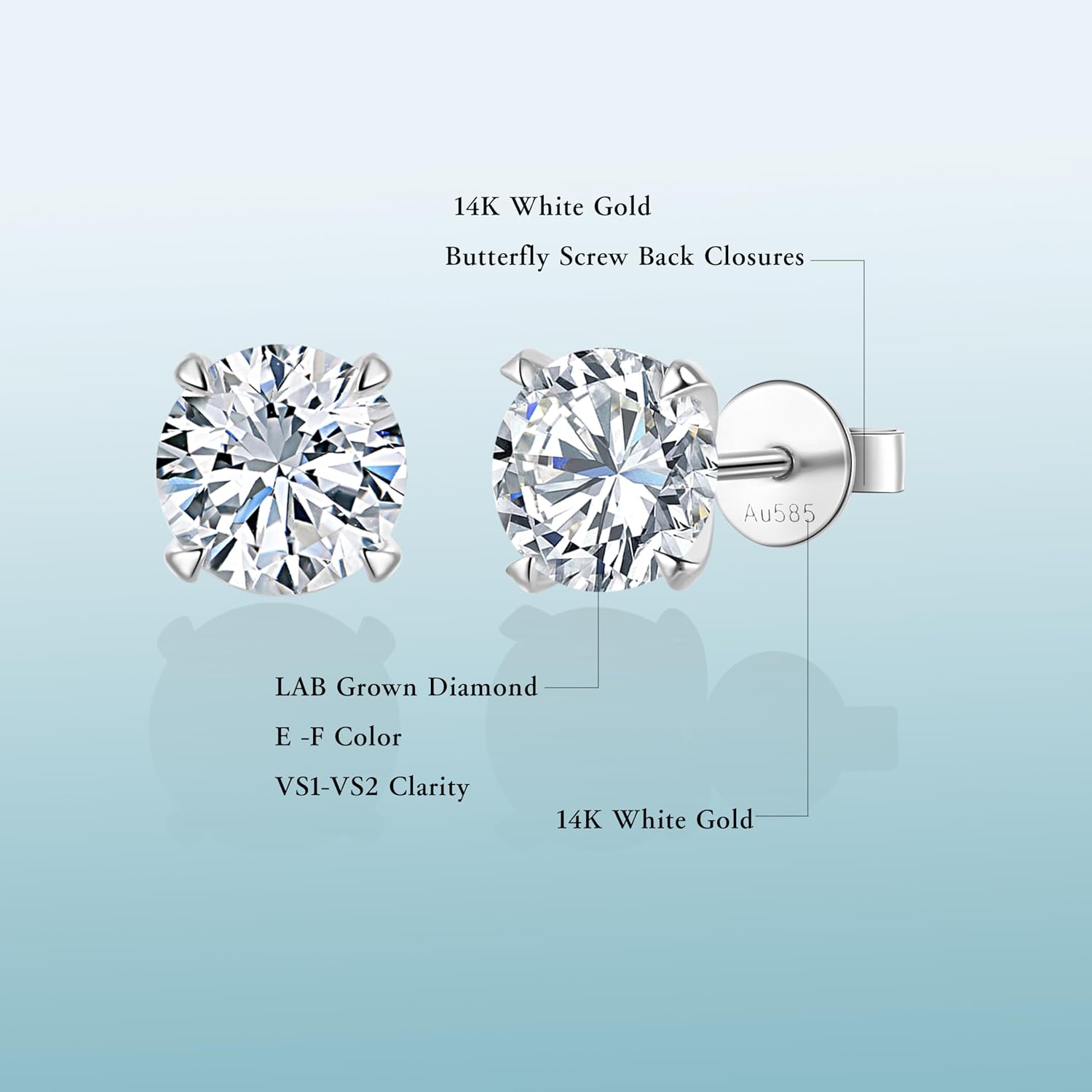 0.5 to 2 Carat IGI Certified LAB Grown Diamond 14k White Gold Stud Earrings for Women Men Jewelry Gifts for Her, D-F Color, VS1-VS2 Clarity