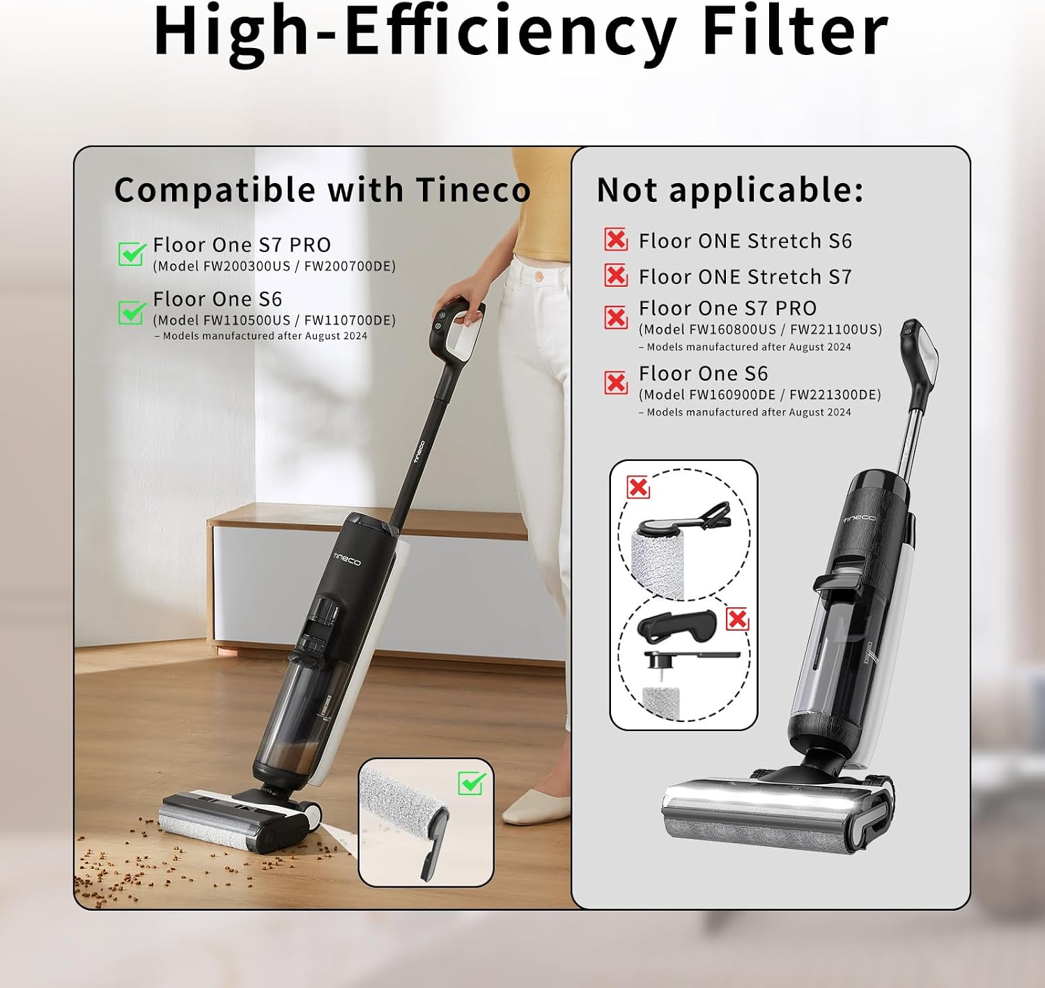 7Pcs Replacement Kit Compatible with Tineco Floor ONE S7 Pro, 3 Pack Roller Brush & 3 Packs HEPA Filter & 1 Cleaning Tool, Fits for Floor ONE S6, Switch S6/S7 Wet Dry Vacuum Accessories