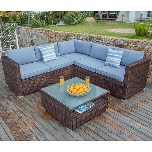 COSIEST 4-Piece Outdoor Furniture Set All-Weather Brown Wicker Sectional Sofa w Glass Coffee Table, Heritage Blue Cushions,2 Stripe Woven Pillows Incl. for Garden