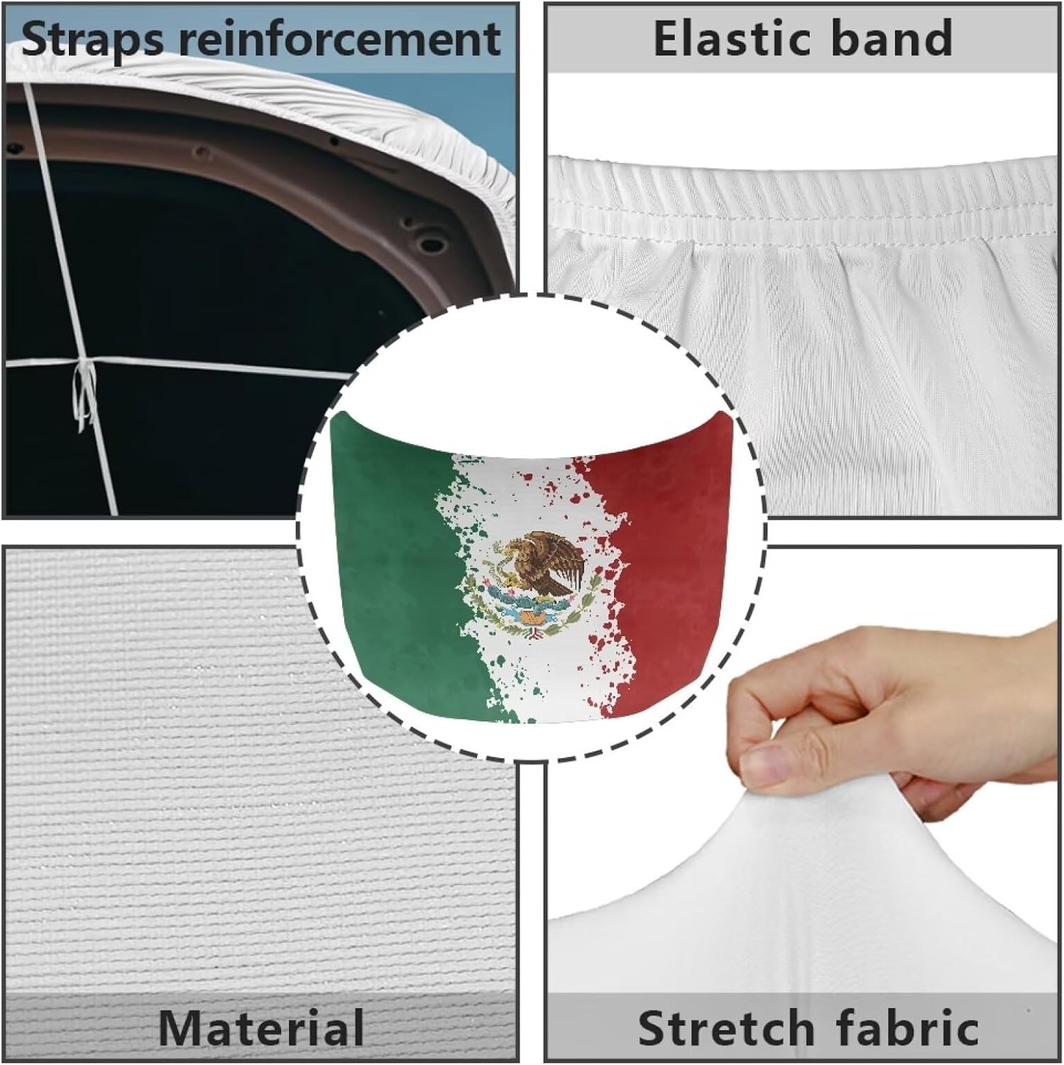 Mumeson Mexican Flag Car Hood Cover Stretch Polyester Protector Elastic Fabrics Front Exterior Covers with Adjustable Triangular Fasteners Suitable for Large SUV and Pickup Trucks