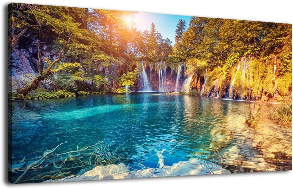 arteWOODS Canvas Wall Art Waterfall Lake Painting Nature Pictures Long Canvas Artwork Plitvice Lakes Colorful Wall Art for Home Office Decoration Framed Ready to Hang 20" x 40"