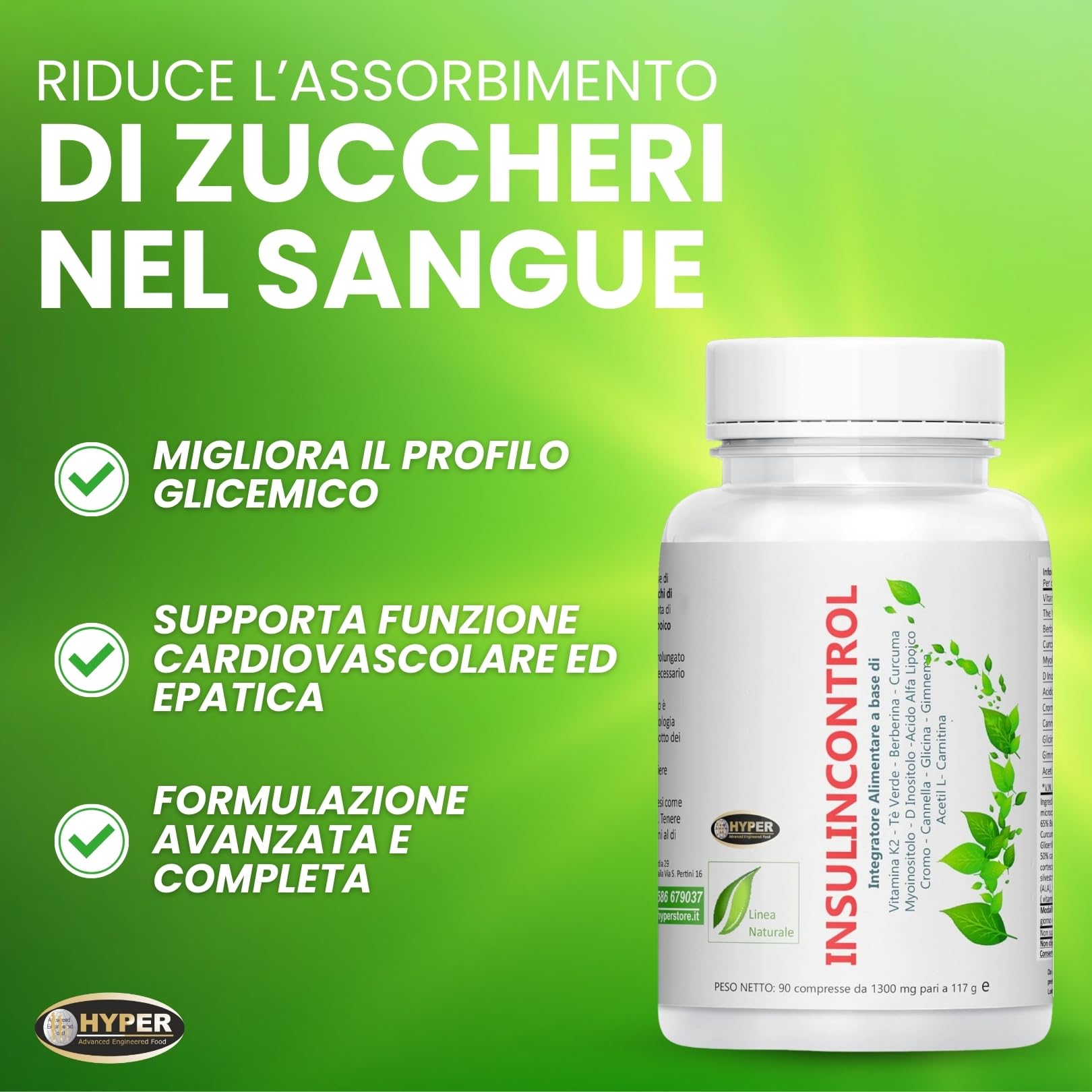 Hyper InSu Control 180 Cpr - Integratore con Berberina Cannella Gymnema Acido Alfa Lipoico Myo Inositolo Livello di Glicemia Metabolismo Mantenimento di Livelli Normali di Glucosio nel Sangue