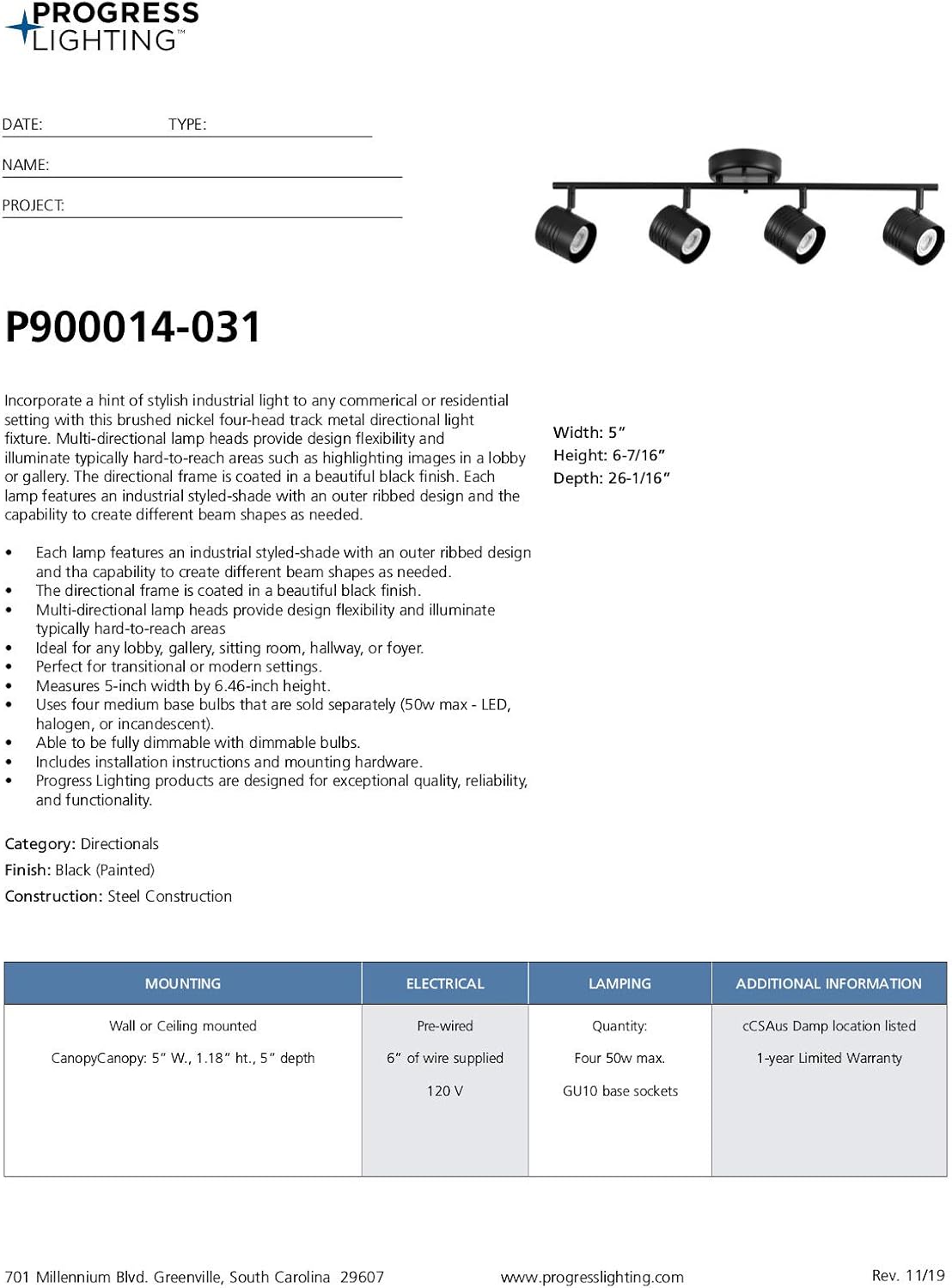 Progress Lighting Kitson Collection Black Four-Head Multi-Directional Track