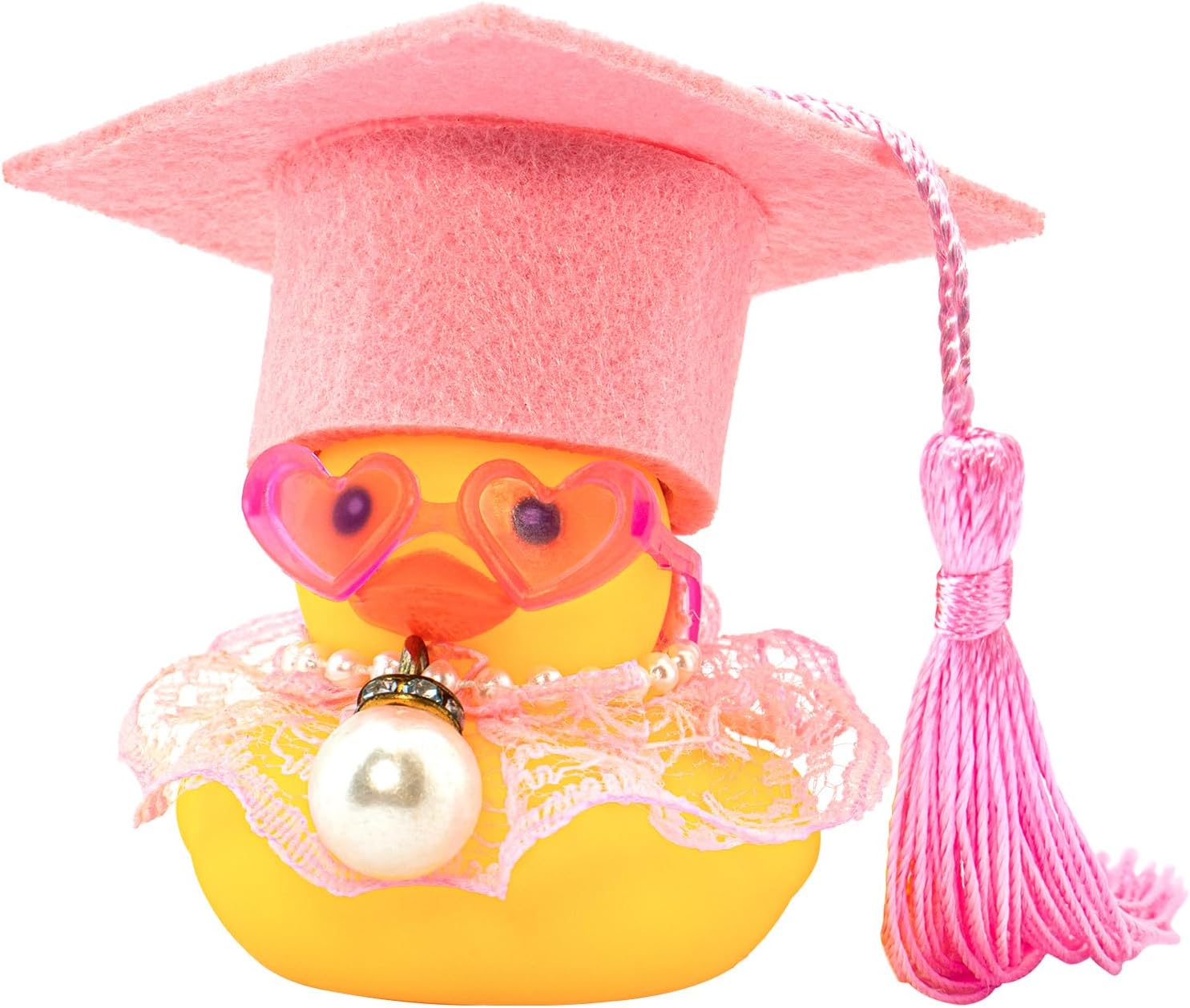 wonuu Car Dashboard Decor Pink Graduation Hat Rubber Duck, Car Ducks Ornaments with Necklace Heart Shape Sunglasses, Pearl Chain Silk Skirt