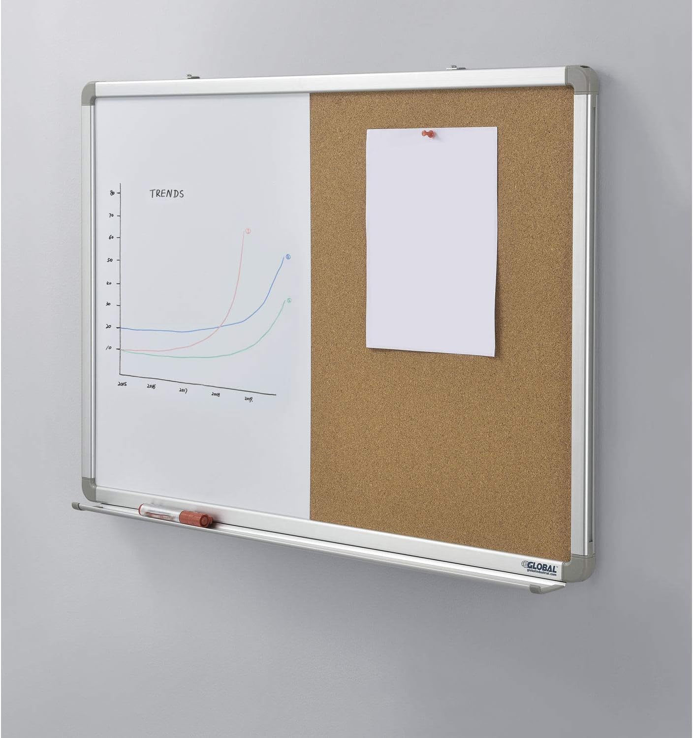 Global Industrial 36" W x 24" H Combination Board, Magnetic Dry Erase Board and Natural Cork Board, Aluminum Frame, Two 18" W x 24" H Sections, Wall Mountable