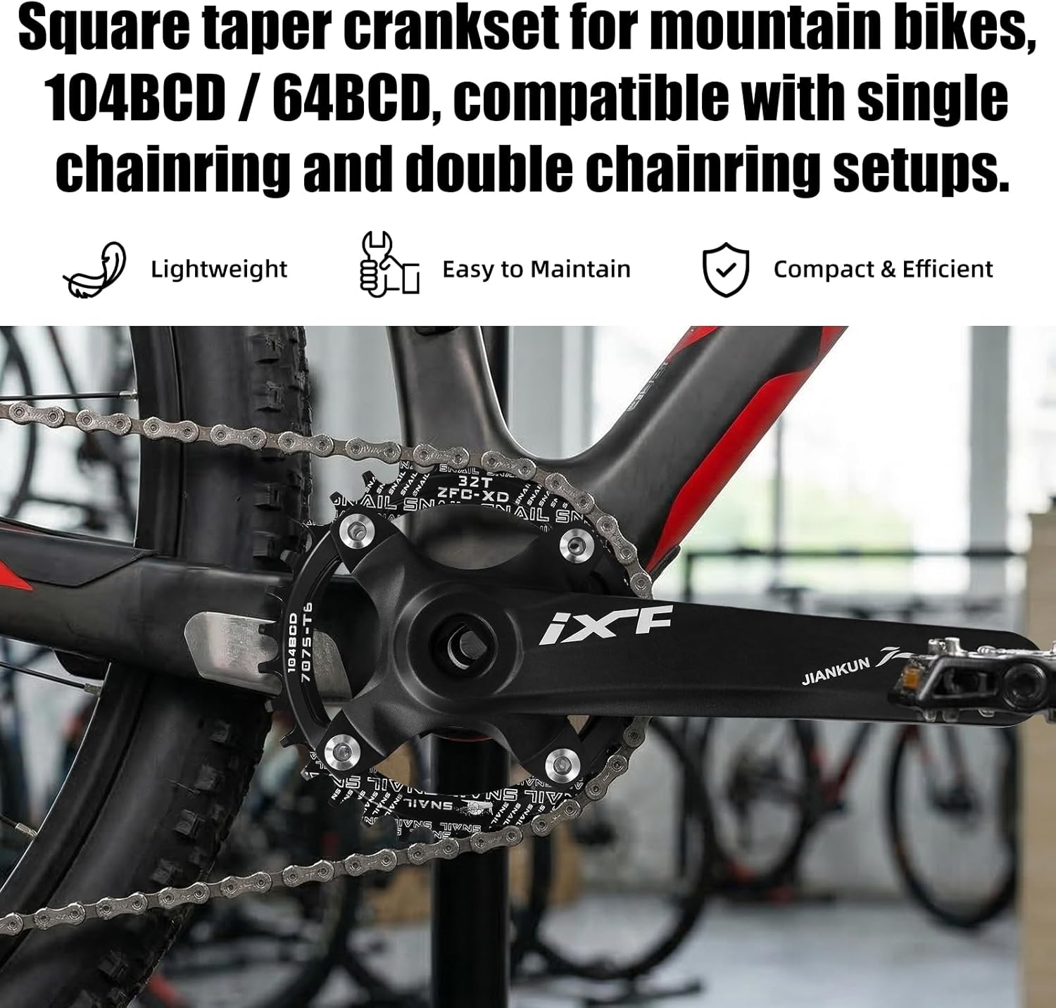 ZTZ Mountain Bike 170mm Square Crankset with 104 BCD 32/34/36/38T Chainring,Aluminum Alloy MTB Crank Round Chainring and Crank, fit Shimano, SRAM, FSA