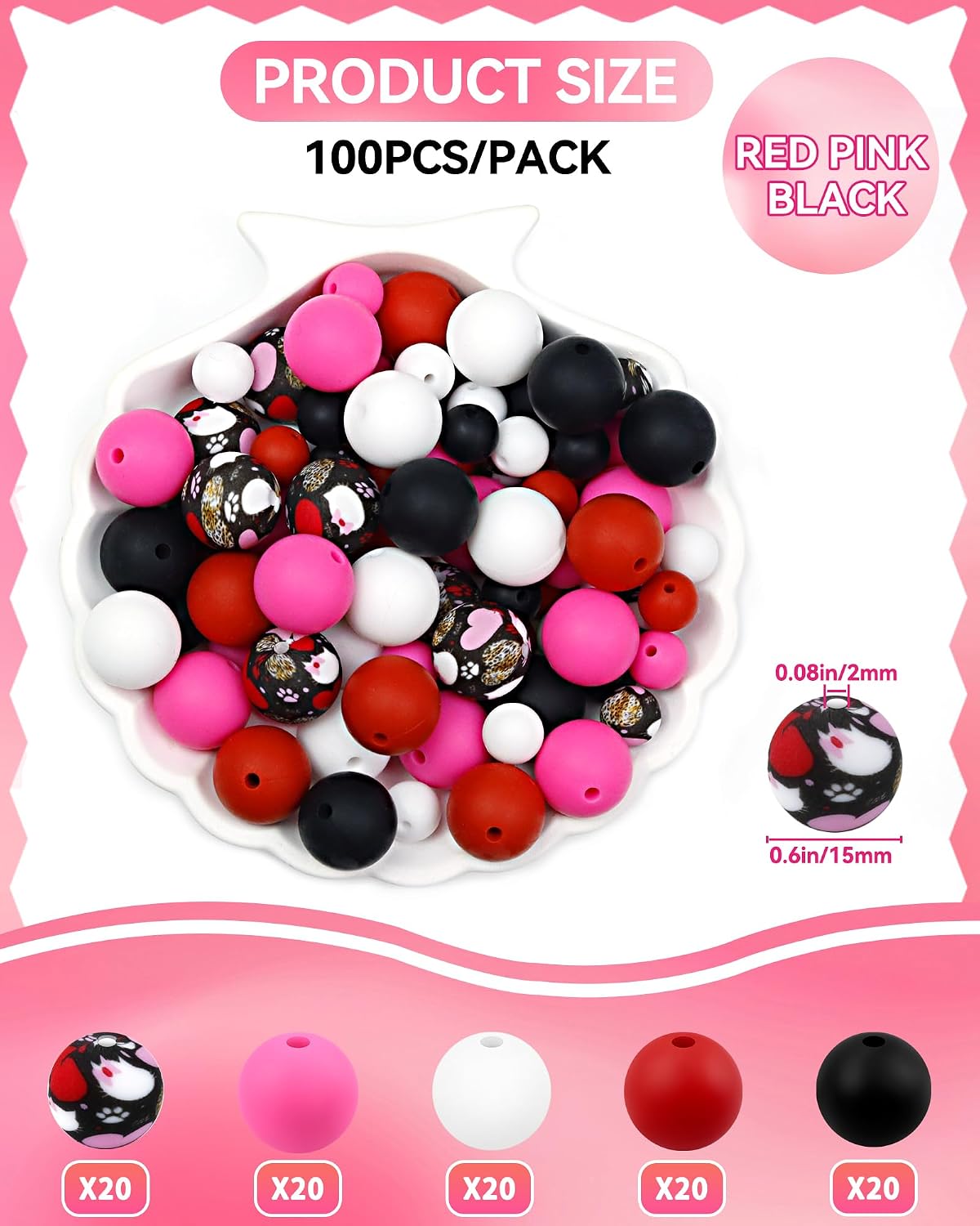 FIVEIZERO 100PCS 15mm Silicone Beads, Red Pink Black Mix image 2