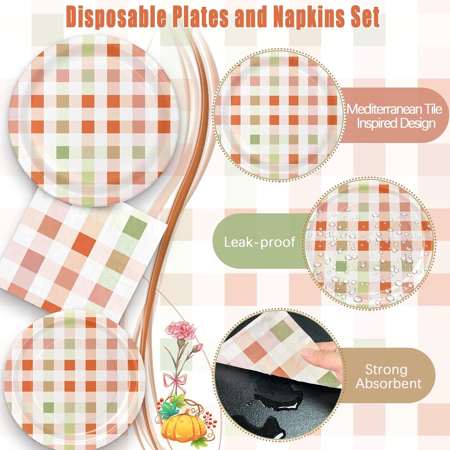 180PCS Fall Thanksgiving Party Supplies – Orange Gingham Paper Plates and Napkins Set, Fall Checkered Plaid Party Tableware Supplies for Friendsgiving Birthday Baby Shower Autumn Decorations image 3
