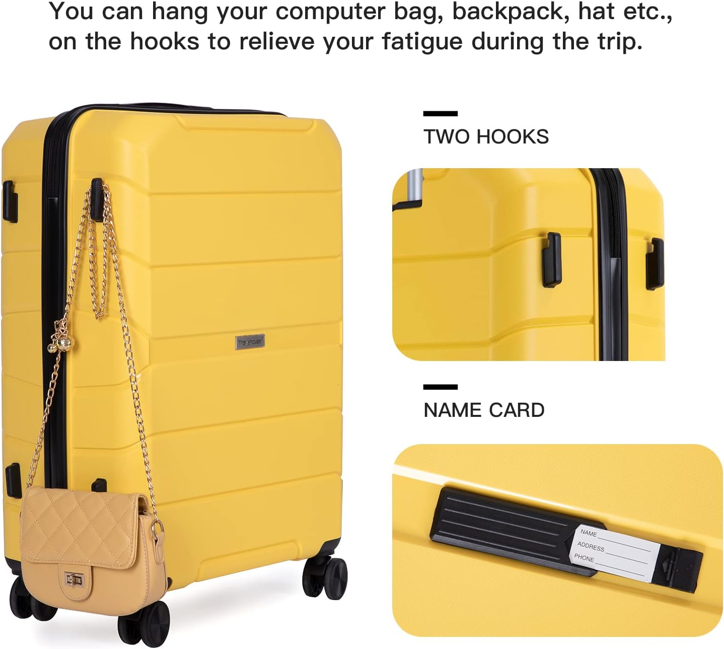 review Jauiegu 3 Piece Luggage with TSA Lock ABS, Durable Luggage Set, Lightweight Suitcase with 2 Hooks, Spinner Wheels PP Luggage Sets 20in/24in/28in (Yellow)