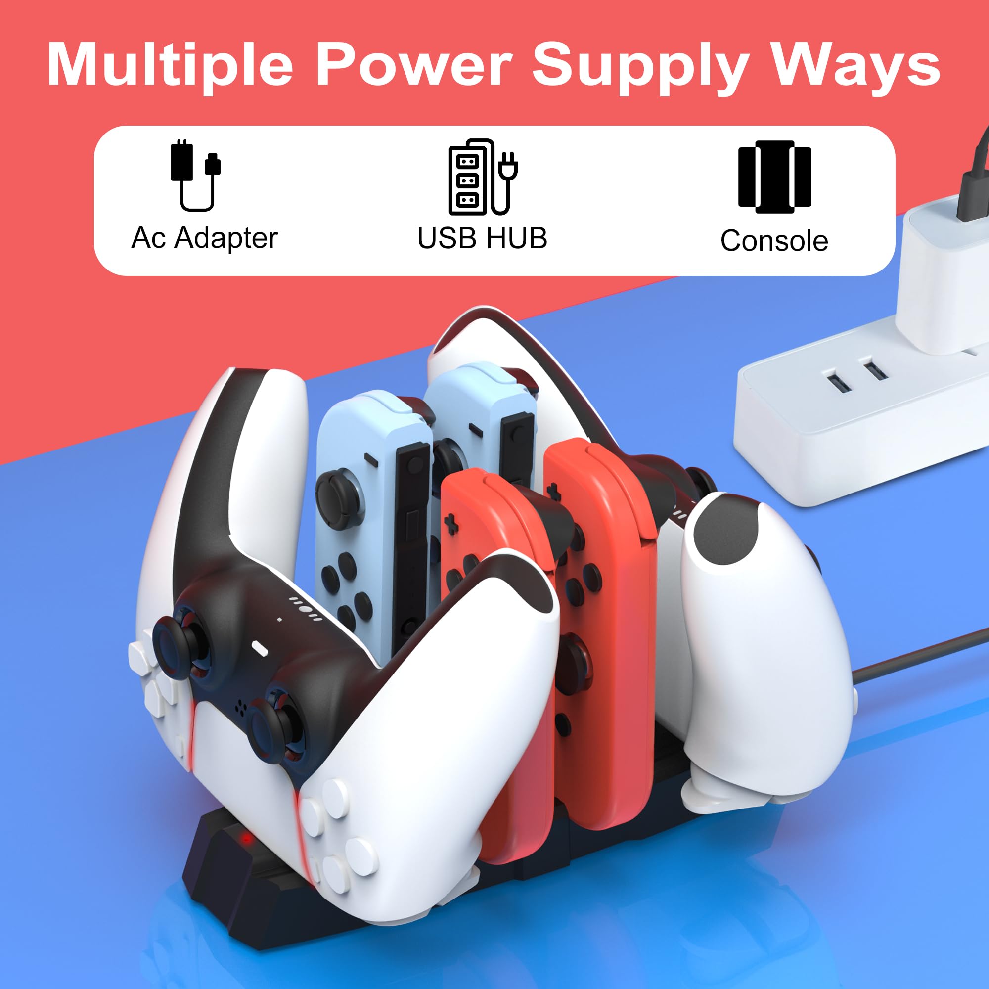 iPLYGAM Dock di ricarica per controller Nintendo Switch Pro, JoyCon, dock di ricarica con indicatore LED e cavo di ricarica per controller PS5, supporto di ricarica per gamepad 6 in 1