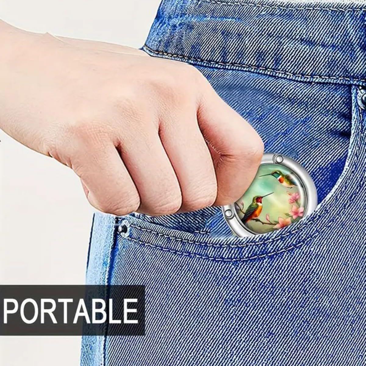 Hummingbird Floral Print Foldable Table Hook Portable Silver Tone Purse Hanger Bag Holder with Non Slip Pad Compact Desk Hook for Handbags Backpacks Keys & Daily Accessories Organization