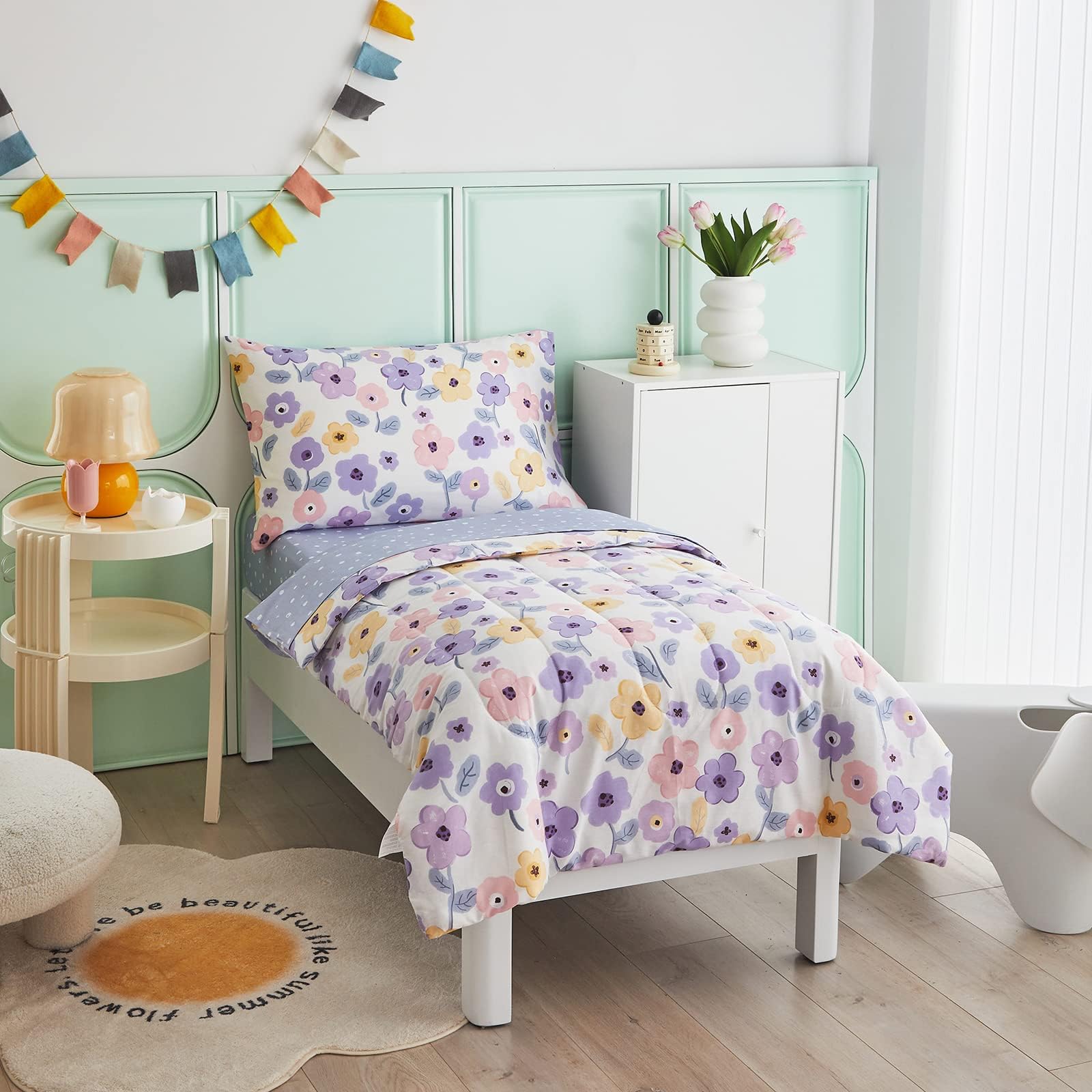 Cotton 4 Pieces Pink Flowers Toddler Bedding Set with Purple Orange Pink Flowers Includes Adorable Quilted Floral Comforter, Purple Fitted Sheet, Top Sheet, and Pillow Case for Boys Girls