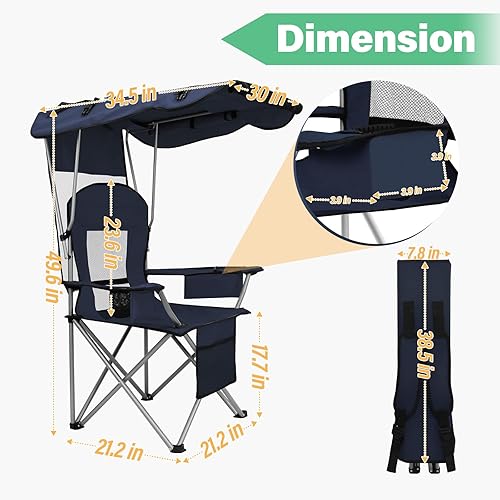 Miniatura 3 de BDL Silla de camping con toldo y sillas de playa plegables portátiles con refrigerador, respaldo de malla, portavasos y bolsillo para campamento,