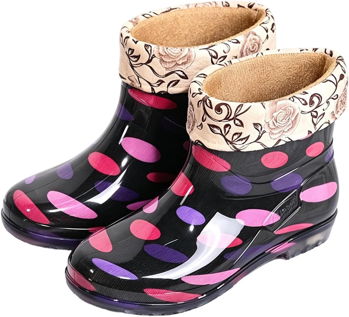 Womens Polka Dot Mid Calf Rain Boots Waterproof Floral Cuff Lined Casual Pull On Rain Footwear