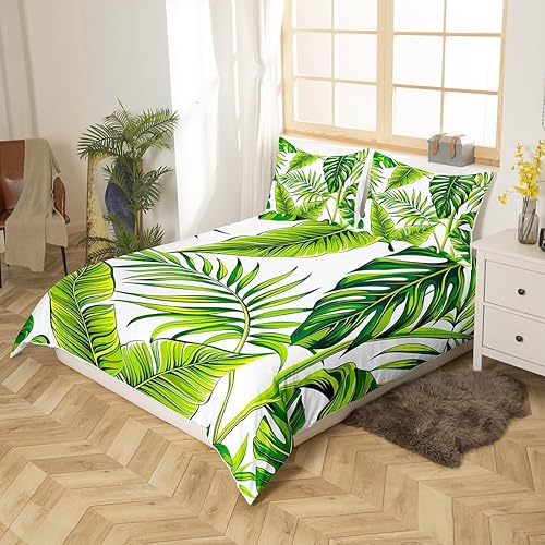 Miniatura 8 de Juego de funda de edredón con diseño de plantas de árbol tropical, tamaño King con cierre de cremallera, funda de edredón con estampado de flores de