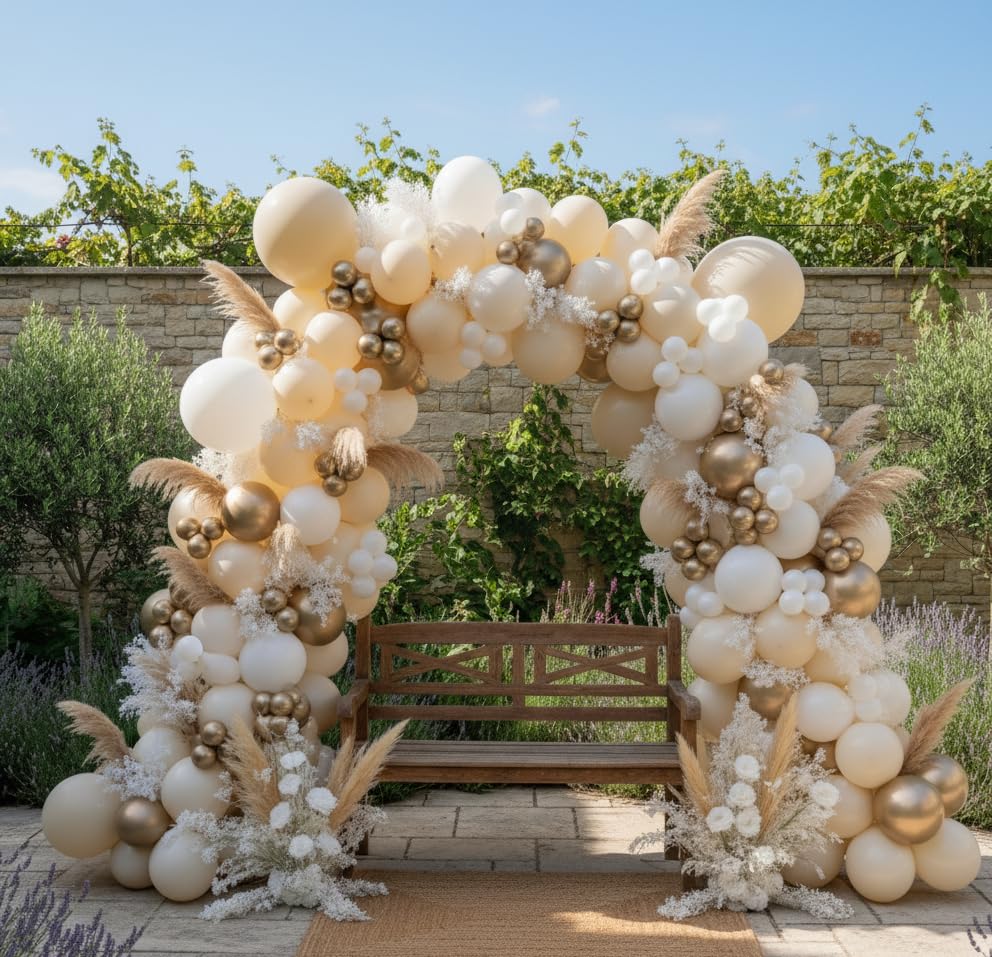 Image of Sand White Gold Balloon Arch Kit, 140Pcs Beige Nude White Balloon with Metallic Gold Balloon Garland Kit for Boho Birthday Wedding Baby Shower Bridal Shower Engagement Prom Party Decorations