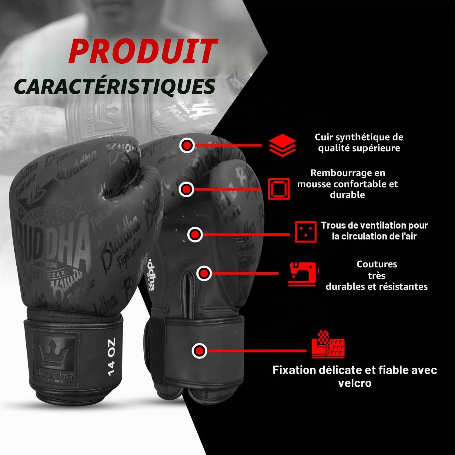 Buddha Fight Wear. Gants de boxe. Spécialement conçus pour la boxe, le Muay Thai, le Kick Boxing et le MMA Modèle Top Premium Noir Mat 10 Onces