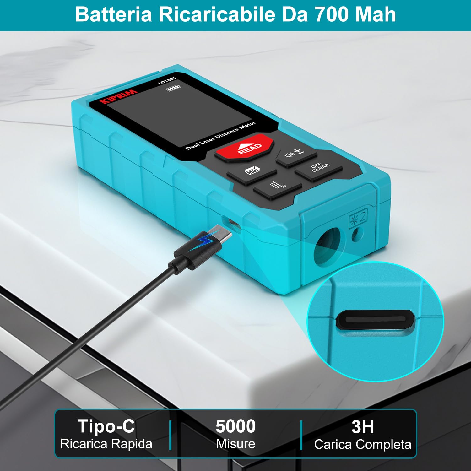 Kiprim Doppio Metro Laser 120M, Livella Elettronica, Misurazioni Precise e Funzione Pitagora - Ideale per Lavori di Costruzione, Bricolage e Ristrutturazione