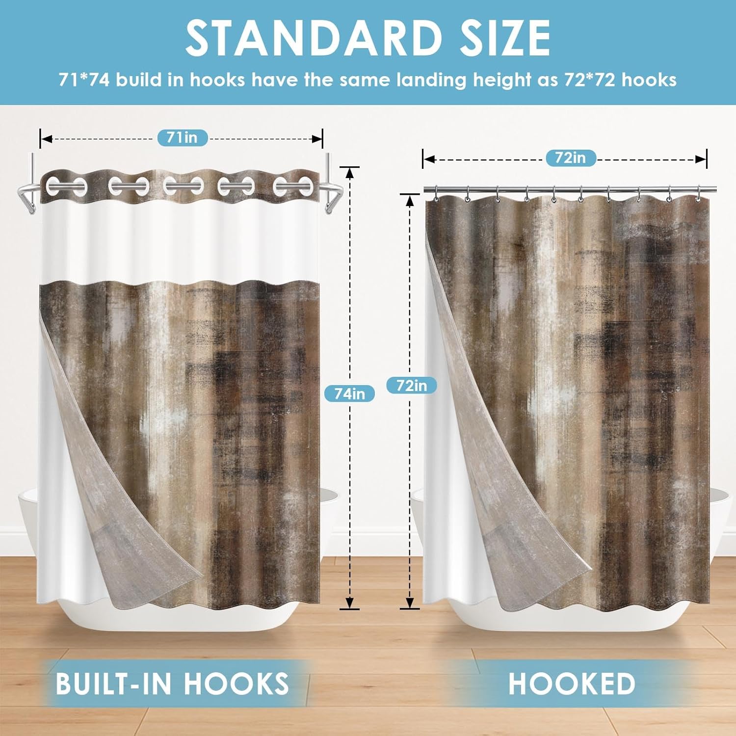 No Hook Brown Grey Painting Shower Curtain with Snap in Fabric Liner Set, Vintage Beige Double Layers Waterproof Fabric with See Through Top Window Open Grommet Bath Curtain 71x74 Inch