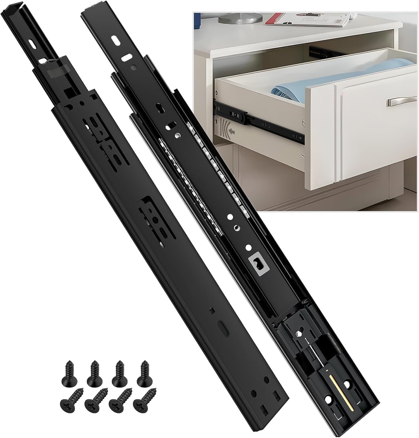 ToBeGreat 1 Pair 400mm Full Extension Soft Close Self Closing Drawer Runners 45kg Load Capacity Kitchen Drawer Runners (Black)
