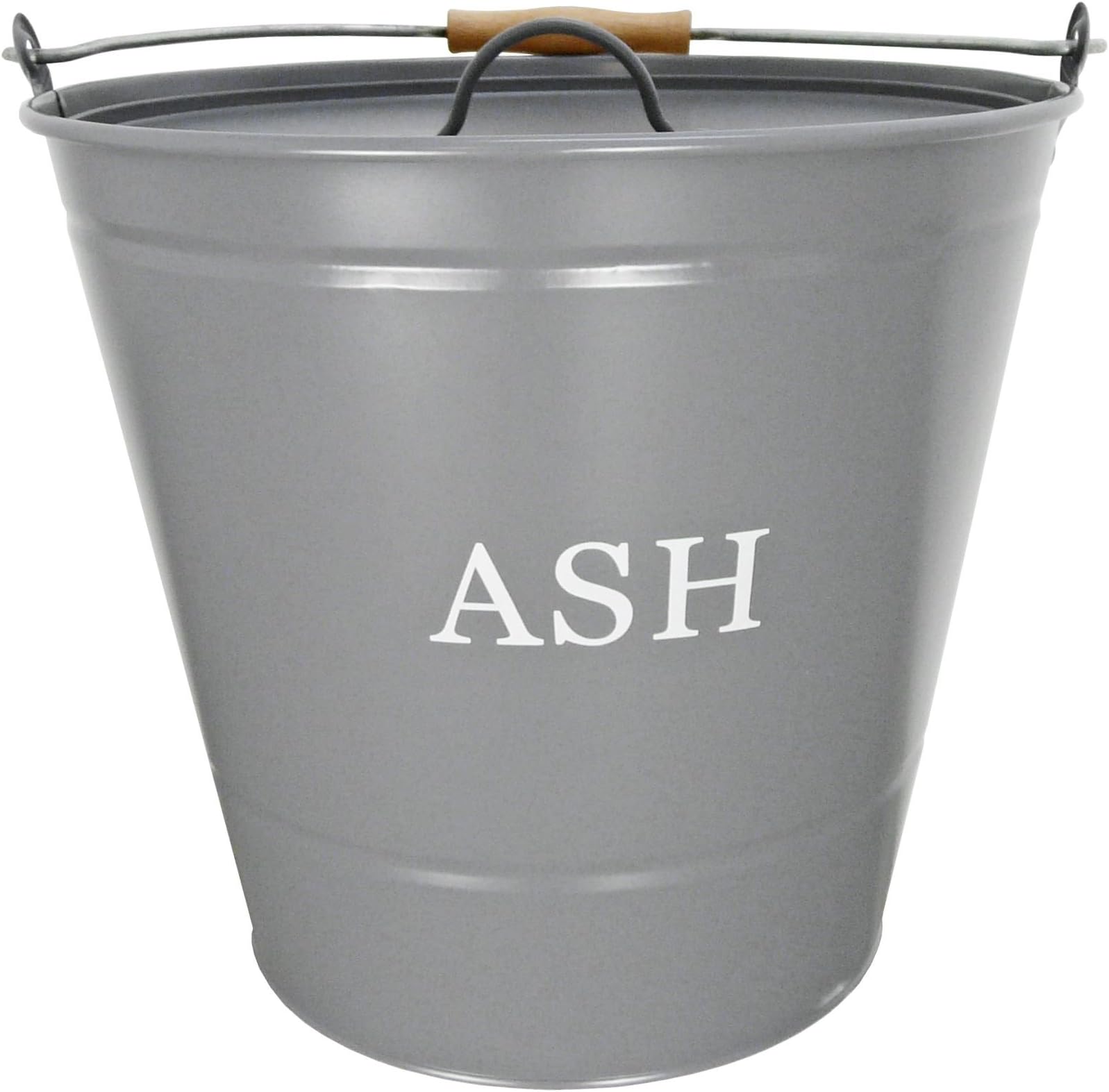 Traditional Metal Ash Storage Bucket with Wooden Handle - Grey Finish and Cream Writing