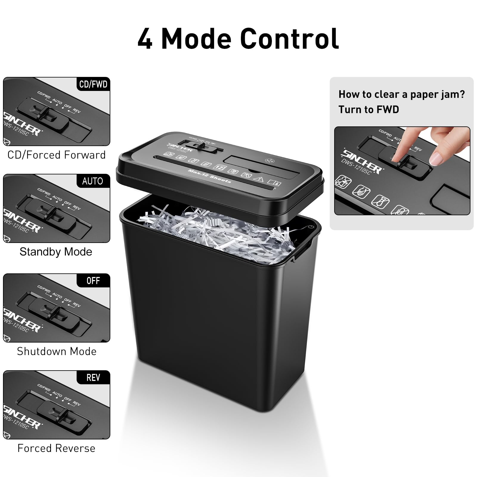 12 Sheet Strip Cut Paper Shredder, 4 Operation Modes, Overheat & Overload Protection, Dedicated CD Shred Slot - Image 4