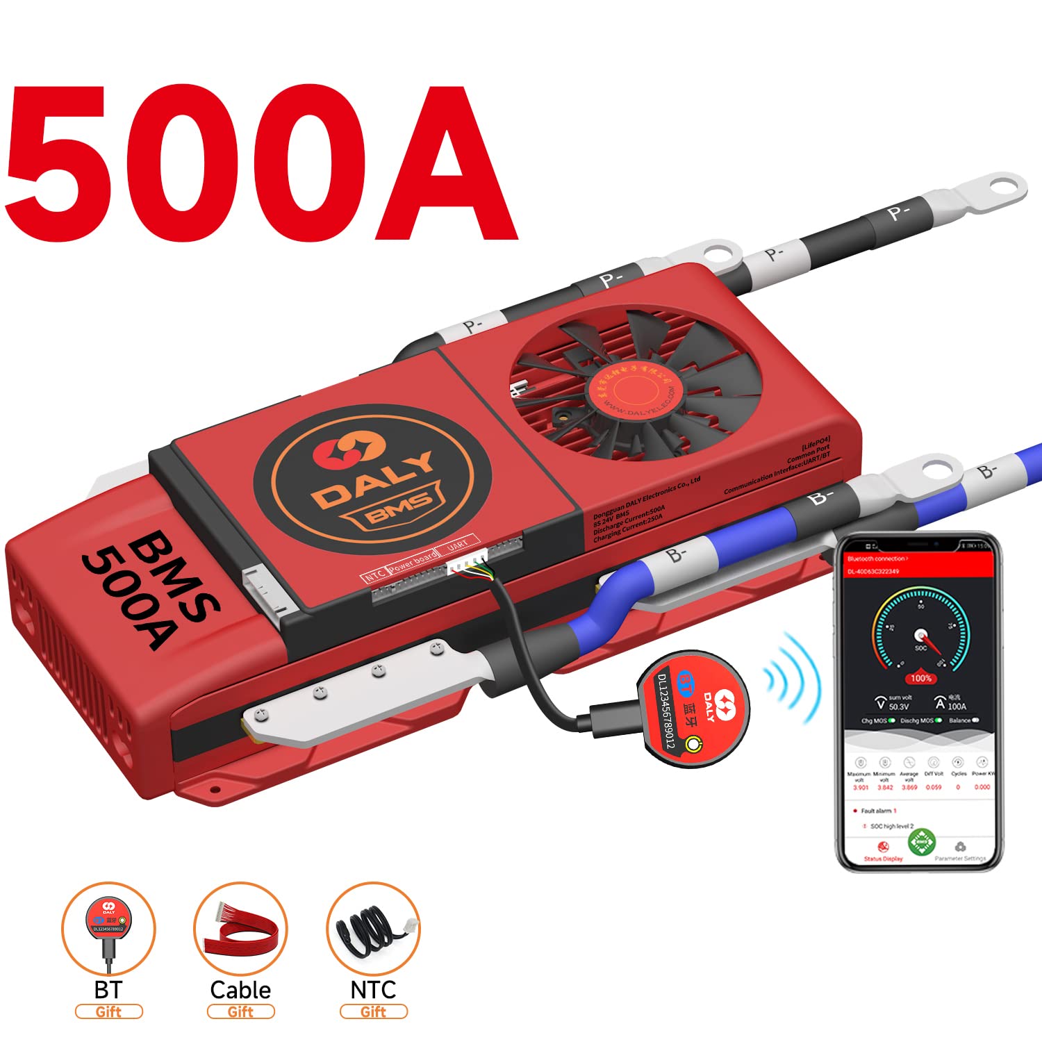 DALY Smart BMS LiFePO4 8S 24V Bluetooth Smart PCB Batterieschutzplatine Batteriemanagementsystem mit Ausgleichskabeln und drahtlosem Bluetooth-Modul für Lithium-Eisen-Phosphat(500A Fan UART)