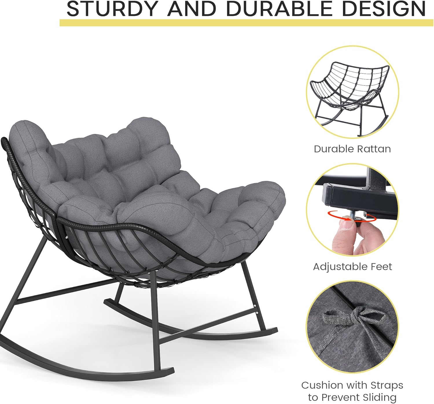 Kromax Oversized Outdoor Papasan Rocking Chair, Wicker Egg Chair Rocker for Outside, Comfy Patio Rocker, Large Indoor Rocking Recliner, Modern Egg Style, Grey