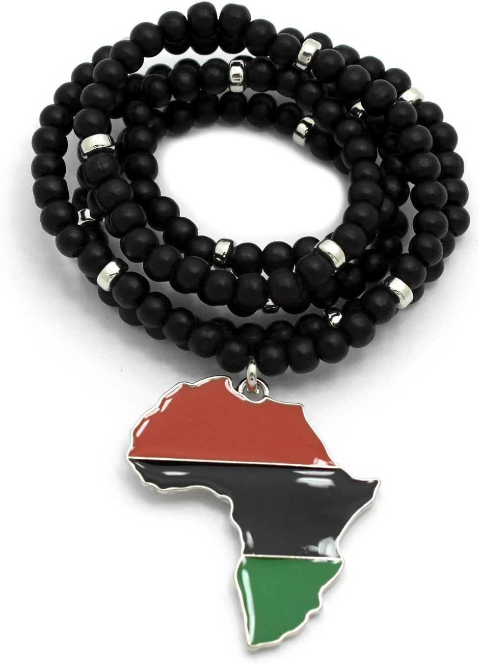 CBC Crown Pan African Colored Africa Map Continent Pendant on 26"/30" Wooden Bead Necklace in Gold or Silver Tone