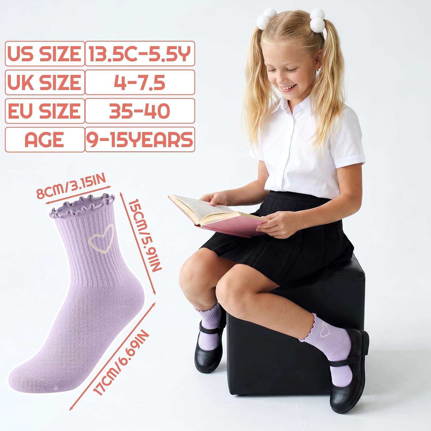 6 Pairs Girls Kids Ruffle Socks - Uniform School Dress Frilly Crew Socks with Hearts Cute Cotton Casual Sock for Girls 9-15Years Old