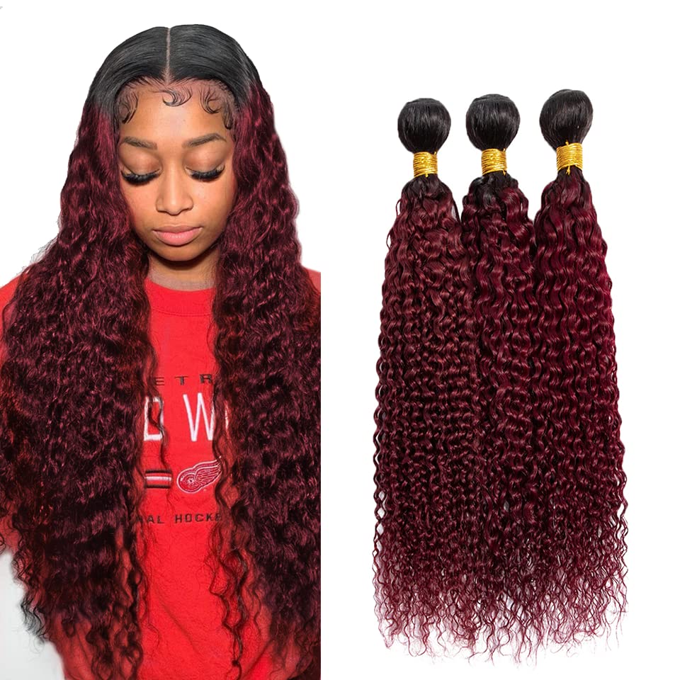 Paquetes de cabello humano rizado rojo de 20, 22, 24 pulgadas, cabello virgen brasileño sin procesar, dos tonos, negro y rojo vino, paquetes de
