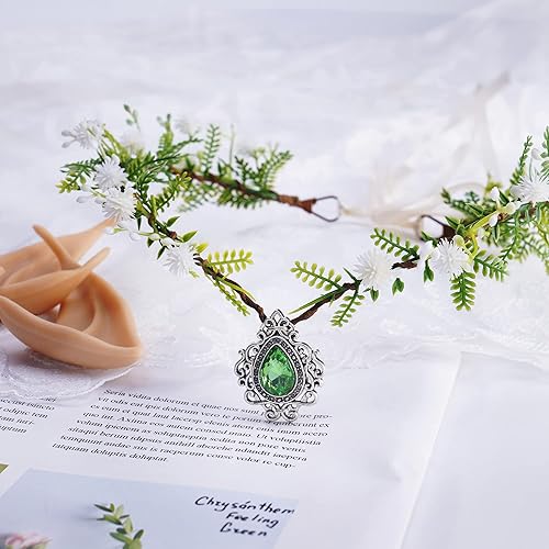 Vista 6 de MOSTORY Orejas de elfo con corona de hada del bosque, disfraces de cosplay, diadema de flores blancas y 2 pares de orejas de pixie suaves