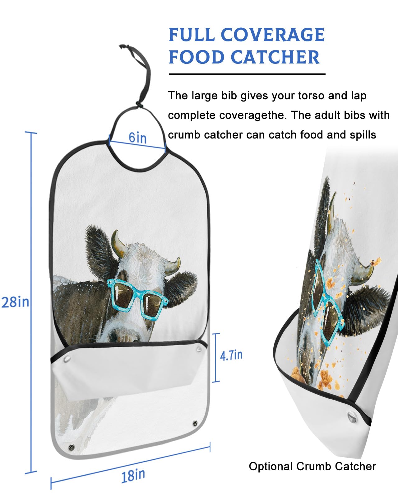 YOUNGKIDS Funny Animal Adult Bibs for Eating, Waterproof Washable Adult Bib for Elderly Women Man, Cow Wear Sunglasses Reusable Clothing Protector with Detachable Crumb Catcher - Unisex