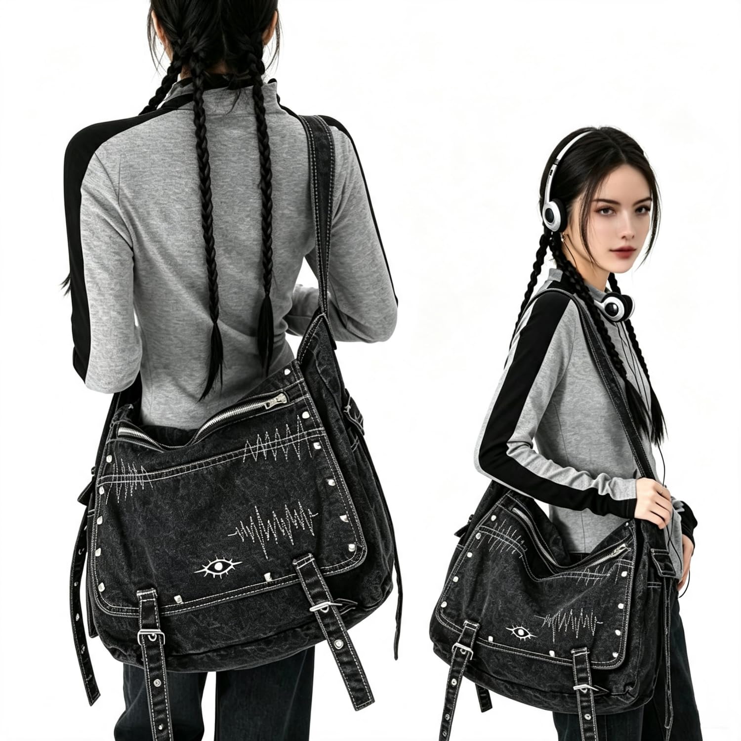 Generico Borsa Denim A Spalla, Borsa Hobo Da Donna Di Grandi Dimensioni In Tela Effetto Vissuto – Indossabile A Spalla O A Mano – Caratterizzata Da Borchie In Stile Punk Y2K