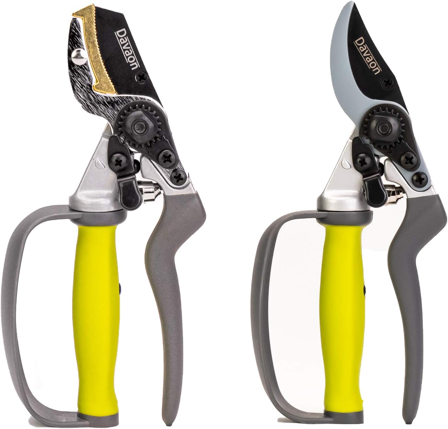 Ergonomic Garden Secateurs (Set of 2) - Anvil & Bypass Secateurs, Ideal Secateurs for Arthritic Hands, Premium Pruning Shears with Auto-Rotating Handle and Finger-Protection, Davaon Pro