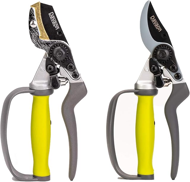 Ergonomic Garden Secateurs (Set of 2) - Anvil & Bypass Secateurs, Ideal Secateurs for Arthritic Hands, Premium Pruning Shears with Auto-Rotating Handle and Finger-Protection, Davaon Pro